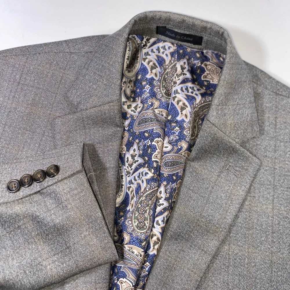 Lauren Ralph Lauren Mens 44L Grey Herringbone Glen Check Blazer Paisley Lining